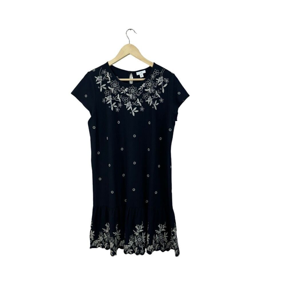 J Jill MP Medium Petite Flounce Dress Embroidered Knee Length Navy Blue Womens